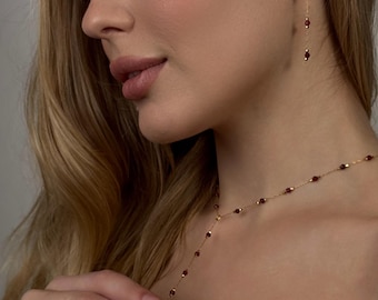 Collar de lazo de granate rojo, pendientes largos con piedras burdeos, delicado conjunto de joyas para mujer