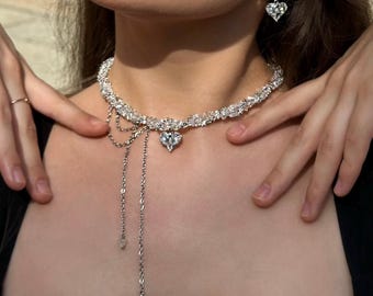 Collana girocollo in cristallo trasparente, orecchini pendenti a forma di cuore, grazioso set di gioielli da sposa