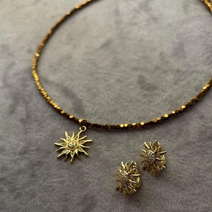 18k gold plated celestial jewelry set, sun pendant necklace, dainty stud earrings, women gift, hematite bead choker, birthday gift for her