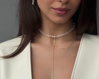Modern y necklace, long earrings, wedding jewelry set, crystal bracelet for her