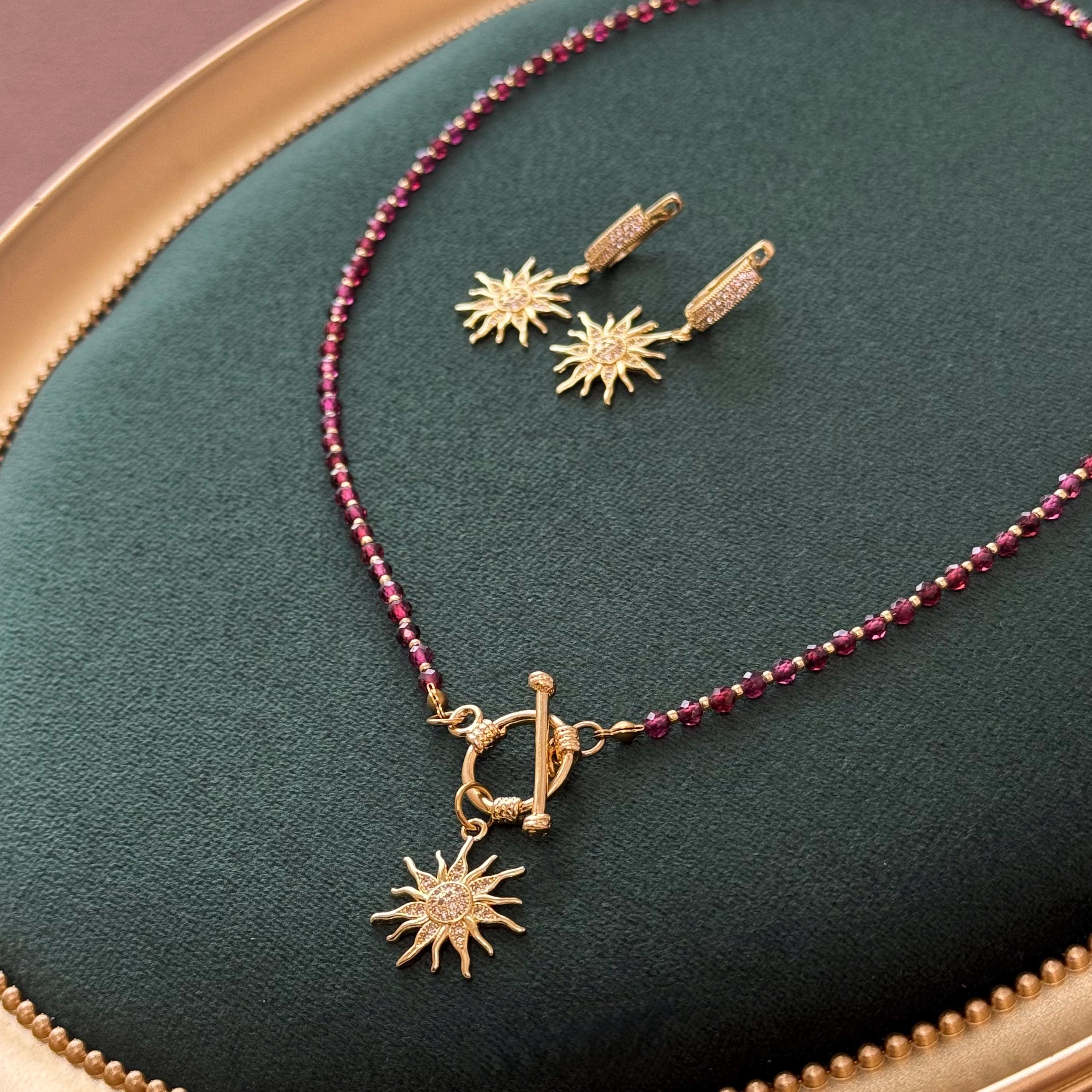 Garnet Sun Toggle Necklace Set, Celestial Sun Drop Earrings