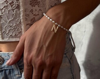 Luxury pearl initial bracelet, bracelet for women, 18k gold plated bracelet, initial jewelry, gift for women, letter bridesmaid bracelet