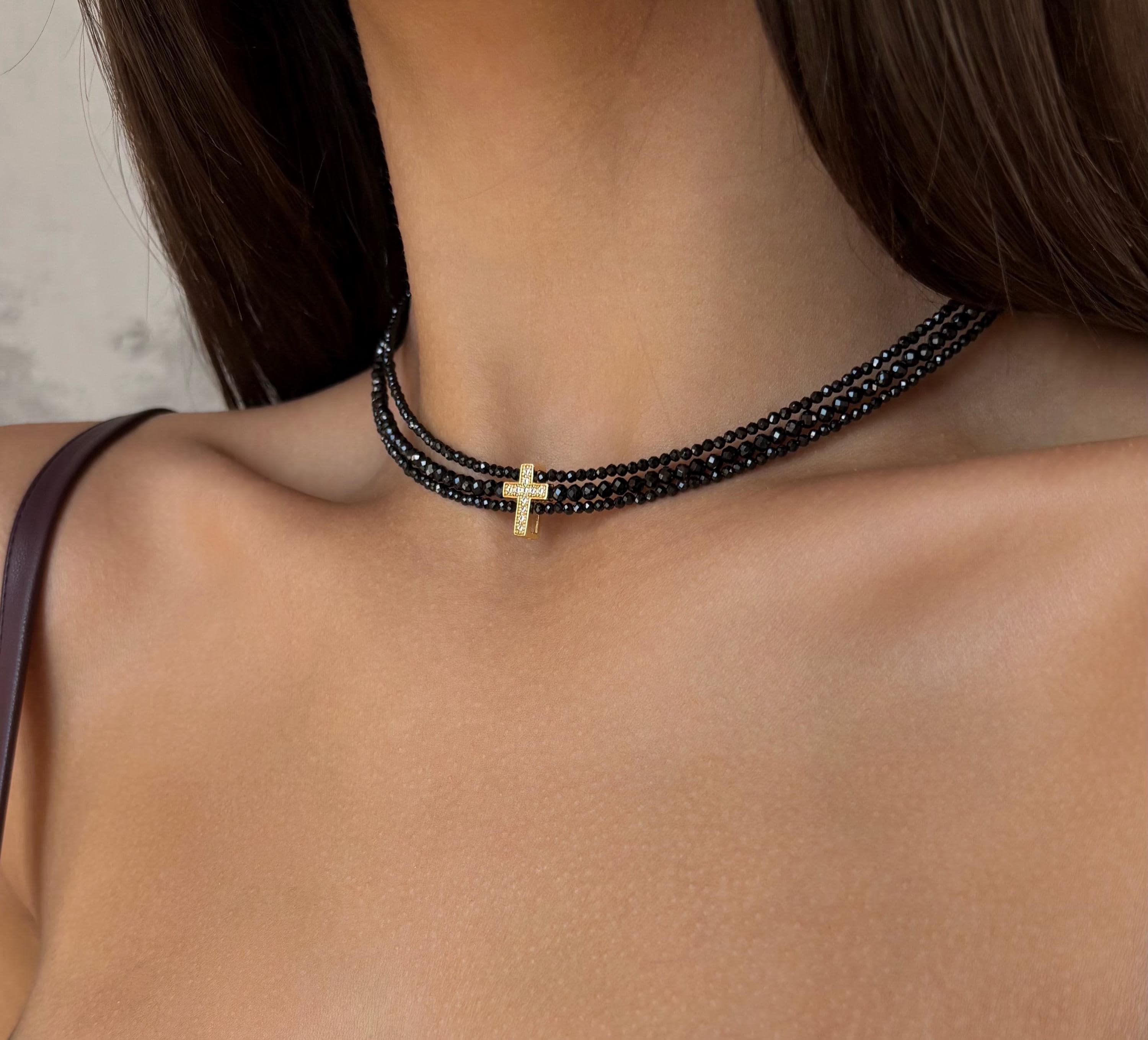Grunge Cross Choker, Black Spinel Multistrand Necklace, Layered