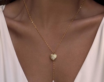 Delicate long y necklace, heart drop earrings, bridesmaid jewelry set
