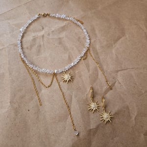 Dainty sun jewelry set, pendant choker with dangling chains, gold plated celestial earrings, birthday gift for her, fairycore jewelry