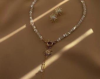 Himmlische Toggle Kette mit Sonnen Ohrstecker, Damen Schmuckset, Hochzeit Accessoires