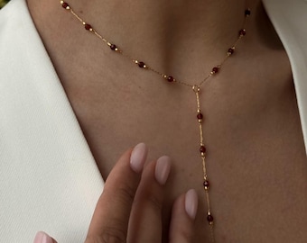 Edelstein Lariat Halskette, Minimalist Granat Schmuck Set, lange Hängeohrringe für die Frau