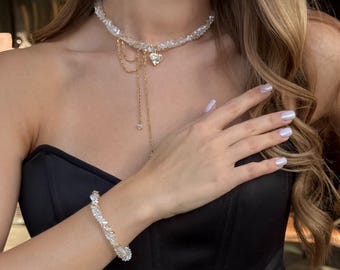 Elegante harthangerketting, bengelende bruidsoorbellen, bruiloftsieradenset, sierlijke kristallen armband
