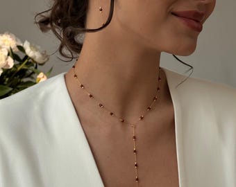 Elegant garnet y necklace, long drop earrings, delicate jewelry women set, gift for wife, dainty lariat necklace, birthday gift for her
