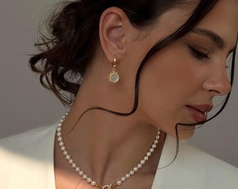 Bridesmaid celestial jewelry set, sun pendant necklace, dainty dangle earrings, pearl toggle clasp choker, wife gift, mother pearl earrings