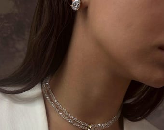 Collana da sposa, graziosi orecchini minimalisti, set di gioielli da sposa, girocollo a doppio filo di cristalli