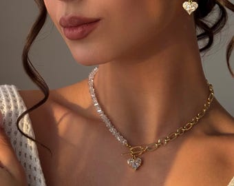 Hochzeit Halbkette, Knebelverschluss Halsband mit Kristall Armband, Herz Ohrringe kokett