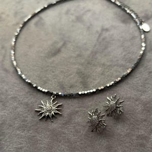 Hematite bead sun pendant choker, celestial jewelry set, stud sun earrings, boho necklace, birthday gift for her, dainty jewelry