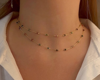 Zarte mehrstrangige Halskette, lange Tropfen Ohrringe, Frauen Schmuck Set, geschichtete Halskette, baumeln Ohrringe, Geschenk für Frau, Brautjungfer Schmuck