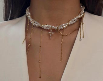 Kreuz Anhänger Choker, gedrehte Perlenkette, zarte Ohrstecker, Statement Halskette, Freundin Geschenk, Frauen Schmuck, Geburtstagsgeschenk