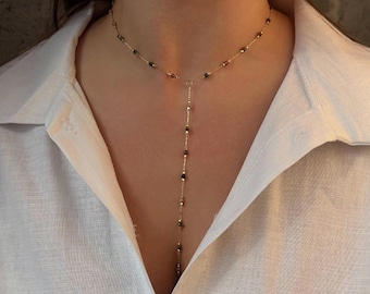 Minimalist Lariat Halskette, Turmalin Schmuck Set, lange Ohrringe, zarte y Halskette, Geburtstag Mutter Geschenk, zierliche Ohrringe, Frau Geschenk
