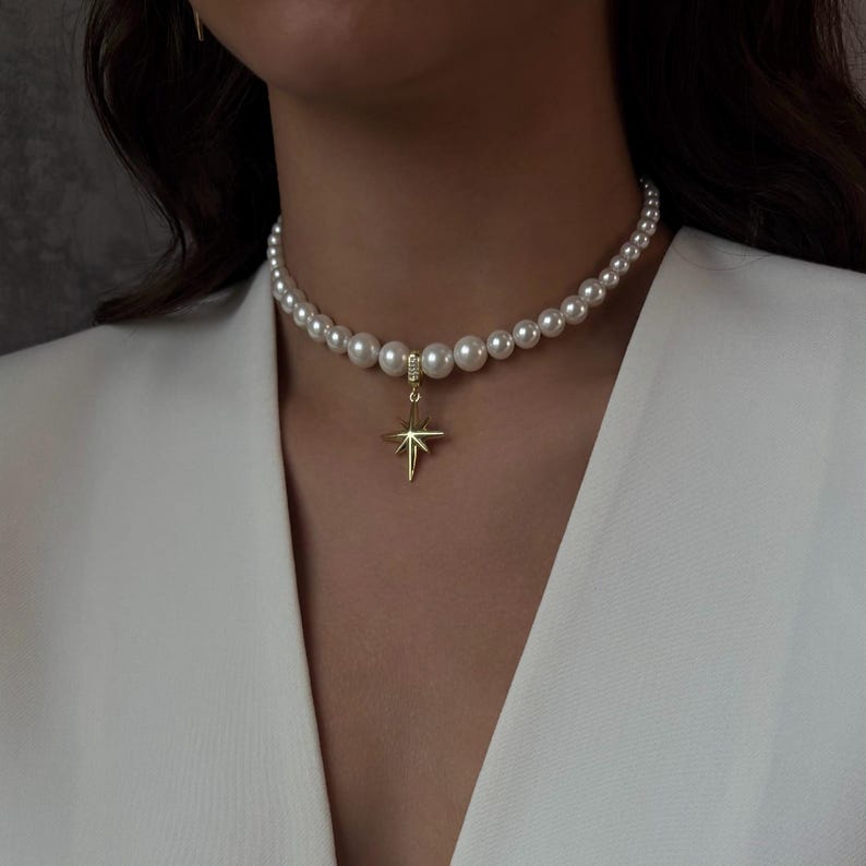 North star jewelry set, starburst pendant choker, dangle star earrings, pearl celestial necklace, gift for her, dainty jewelry, women gift