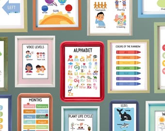 Może przedstawiać: Zbiór oprawionych plakatów edukacyjnych dla dzieci. Plakaty obejmują tematy takie jak alfabet, liczby, kolory, pory roku, dni tygodnia i miesiące roku. Ramki są w różnych kolorach, w tym zielonym, czerwonym i niebieskim.