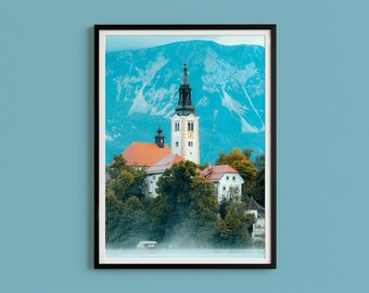 Impresión fotográfica de la iglesia del lago Bled: arte mural con paisajes de viajes de Eslovenia
