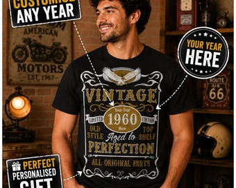 T-shirt vintage personnalisé avec l'année, T-shirt d'anniversaire « Vieilli à la perfection », Cadeau d'anniversaire personnalisé