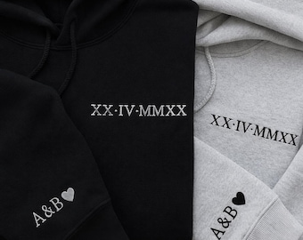 Embroidered Personalized Roman Numeral Date Hoodie, Custom Anniversary Sweatshirt, Couples Matching Hoodie, Initials Sleeve, Wedding Gift