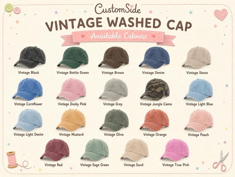 Peut inclure: Une collection de casquettes de baseball d&eacute;lav&eacute;es vintage dans diverses couleurs, notamment noir, vert, marron, denim, pierre, bleuet, rose, gris, camouflage, bleu clair, moutarde, olive, orange, p&ecirc;che, rouge, sauge et sable, avec leurs noms.