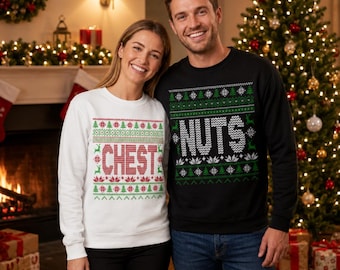 Pull de Noël moche pour couple avec motif châtaignes, T-shirt assorti, Pull, Sweat à capuche, Haut de fête pour couple, Tenue festive