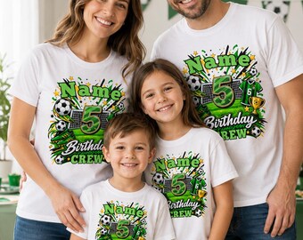 T-shirt personnalisé pour anniversaire de garçon sur le thème du football, avec nom et âge, cadeau idéal pour une fête d'anniversaire de footballeur.
