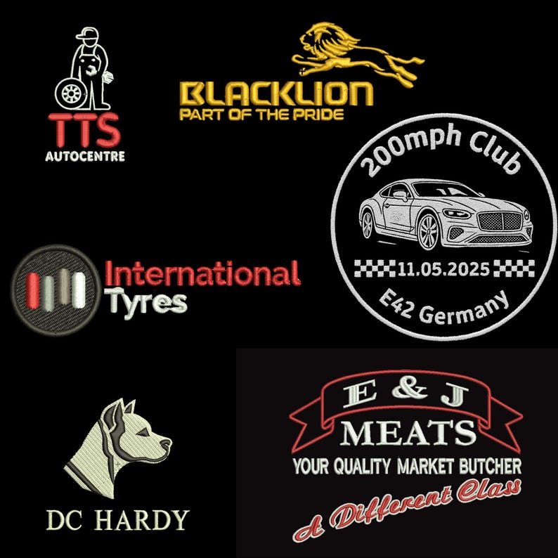 Peut inclure: Une collection d'&eacute;cussons brod&eacute;s sur fond noir pr&eacute;sentant les logos de TTS Autocentre, Blacklion Part of the Pride, un embl&egrave;me de voiture 200mph Club avec la date 11.05.2025, International Tyres, une t&ecirc;te de chien DC Hardy et E&J Meats.