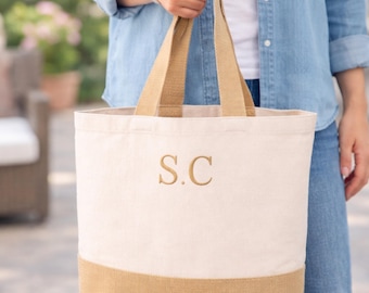 Sac fourre-tout à monogramme personnalisé : sac de pique-nique de plage en toile, coton et jute