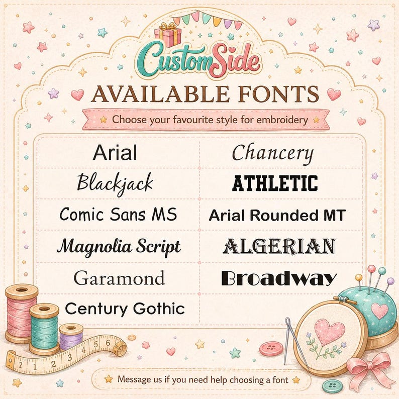 Peut inclure: Un tableau de s&eacute;lection de polices pour la broderie intitul&eacute; CustomSide AVAILABLE FONTS. Il liste Arial, Blackjack, Comic Sans MS, Magnolia Script, Garamond, Century Gothic, Chancery, ATHLETIC, Arial Rounded MT, ALGERIAN et Broadway avec des accessoires de couture.