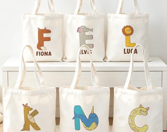 Personalised Animal Monogram Canvas Bag,Custom Name Tote Bag,Children's Toy Storage & Book Bag,Toddler Gift,Baby Shower Gift,Library Bags