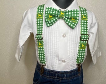 John Deere bow tie or hair bow and suspenders custom adjustable Velcro outfit photo prop bowtie Wedding special occasion formal boy girl