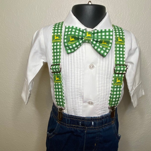 John Deere bow tie or hair bow and suspenders custom adjustable Velcro outfit photo prop bowtie Wedding special occasion formal boy girl