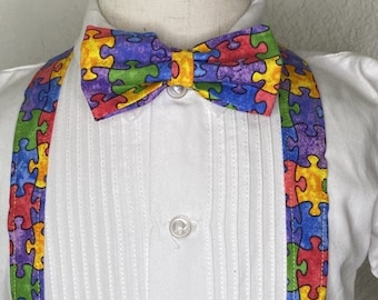 Autism Awareness bow tie and suspenders or Hair Bow Headband Barrette