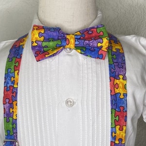Autism Awareness bow tie and suspenders or Hair Bow Headband Barrette