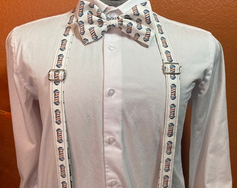 Barber Pole bowtie and suspenders. Fashionable and fun! Hair stylist