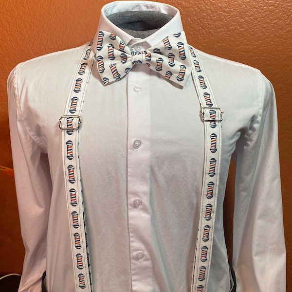 Barber Pole bowtie and suspenders. Fashionable and fun! Hair stylist