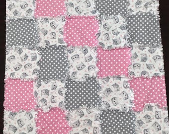 Kitty cats and polka dots handmade rag quilt Throw blanket pink gray