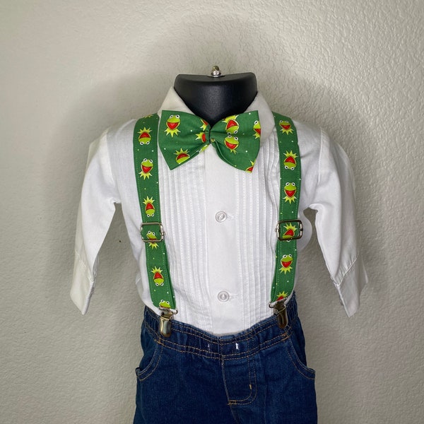 Kermit the Frog Suspenders and Bow tie/Neck Tie/ Hair Bow your choice! Infant, toddler, teen/adult and even Big and Tall sizes available