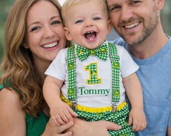 John Deere First Birthday Smash Cake Outfit Custom Personalized Suspenders Bow tie applique shirt diaper cover nappy party gift bloomer