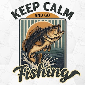 Mantieni la calma e vai a pescare PNG SVG, Design retrò per maglietta con pesce persico, Clipart di un pescatore vintage per stampa a sublimazione su Cricut, Vita estiva al lago PNG