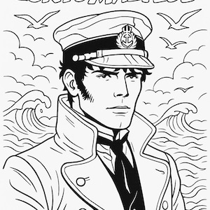 Könnte beinhalten: Eine Schwarzweiß-Zeichnung eines Mannes in Matrosenmütze und Mantel. Der Mann hat einen ernsten Gesichtsausdruck. Das Bild trägt den Titel "Die Abenteuer des Corto Maltese: Eine Malreise".