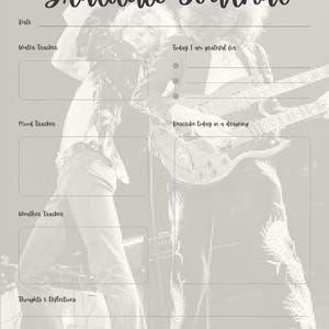 May include: A black and white image of a person playing a guitar. The image is used as a background for a gratitude journal. The journal has sections for tracking water intake, mood, weather, and thoughts and reflections. The quote "Many dreams come true and some have silver linings." - "The Rover" is at the bottom of the page.