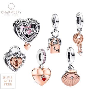 Rose Gold Plated Silver 925 Bracelet Charms | Fits Pandora Bracelets | Gift Bracelet Charms | Heart Shape Charms | Buy 3 Charms Get 60% OFF