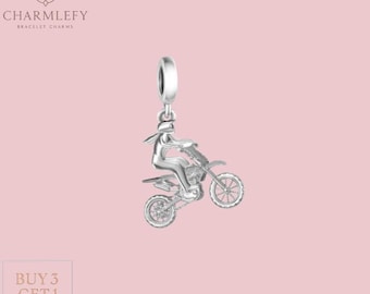 Silver Dirt Bike Rider Bracelet Charm | Compatible Charms | Sterling Silver 925 Charms | Gift Charms | Sports Bike Charm