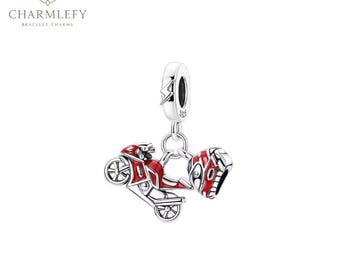 Silver Red Motorbike & Helmet Dangle Charm | Compatible Charms | Sterling Silver 925 Charms | Gift For Him Her Birthday Christmas