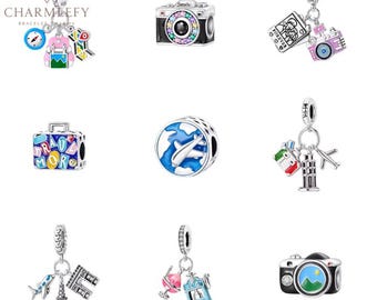 Travel Bracelet Sterling Silver 925 Bracelet Charms | Camera Suitcase Plane Backpack Charms |  |