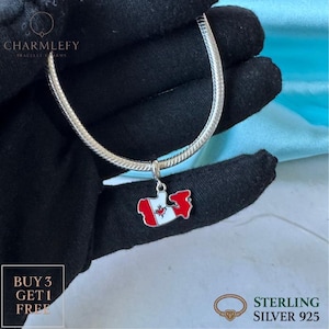Bedel armband Canada kleine kaart en vlag | Past op Pandora-armbanden | Sterlingzilveren 925-bedels | Cadeaubedels voor verjaardag Kerstmis