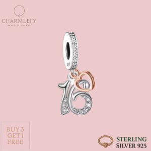 16th Birthday Bracelet Charm | Fits Pandora Bracelets | Sterling Silver 925 Charms | Gift Charms For Birthday | Buy 3 Charms Get 60% OFF